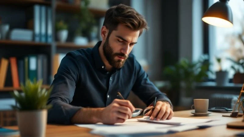 Mann liest am Schreibtisch Unterlagen zur Aufstiegs-BAfoeg Foerderung in NRW