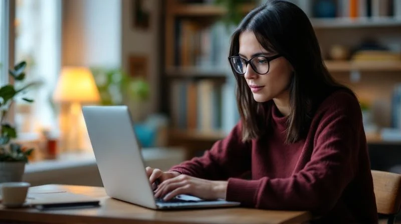 Frau arbeitet konzentriert am Laptop in einer Wohnung in Moenchengladbach