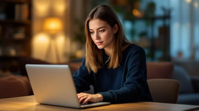 Frau in Moenchengladbach lernt abends am Laptop fuer ihren IHK-Fortbildungsabschluss